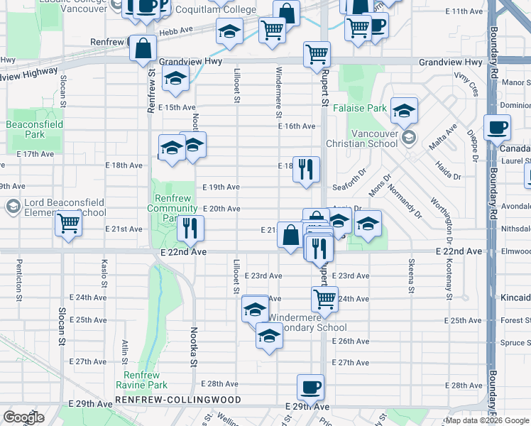 map of restaurants, bars, coffee shops, grocery stores, and more near 3170 East 20th Avenue in Vancouver