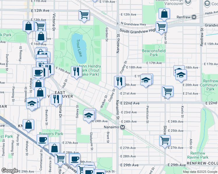 map of restaurants, bars, coffee shops, grocery stores, and more near 2343 East 19th Avenue in Vancouver