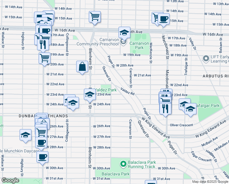 map of restaurants, bars, coffee shops, grocery stores, and more near 3177 West 23rd Avenue in Vancouver