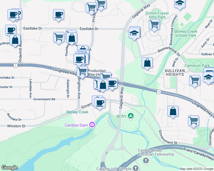 map of restaurants, bars, coffee shops, grocery stores, and more near 8550 Lougheed Highway in Burnaby