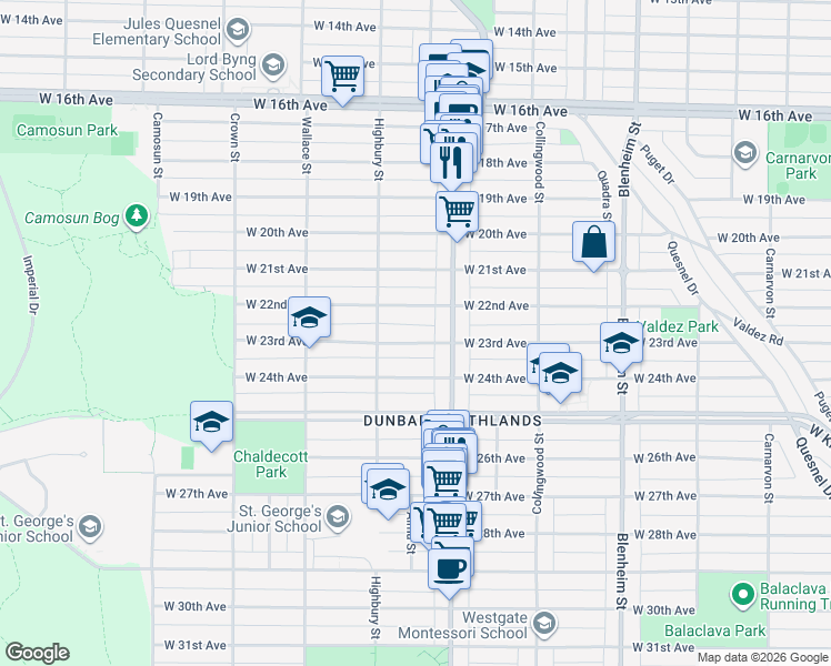 map of restaurants, bars, coffee shops, grocery stores, and more near 3691 West 23rd Avenue in Vancouver