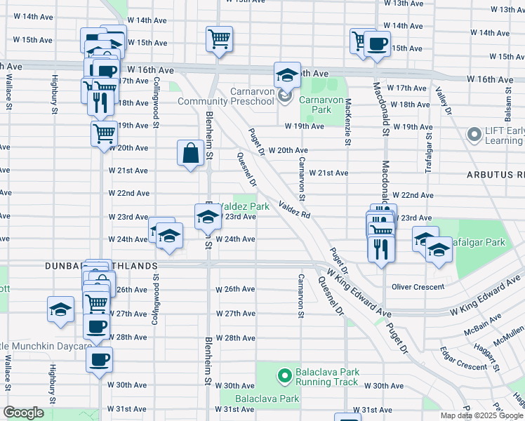 map of restaurants, bars, coffee shops, grocery stores, and more near 3191 West 23rd Avenue in Vancouver