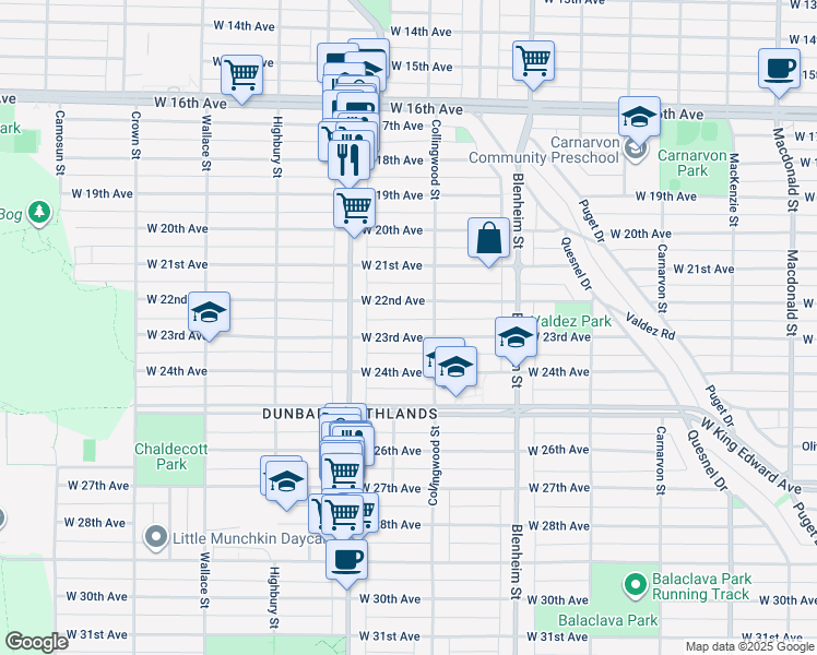 map of restaurants, bars, coffee shops, grocery stores, and more near 3535 West 23rd Avenue in Vancouver