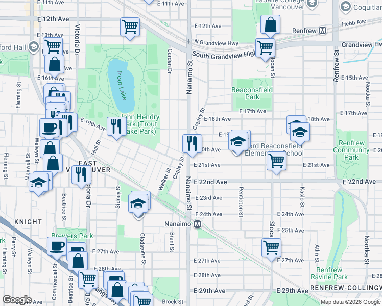 map of restaurants, bars, coffee shops, grocery stores, and more near 3606 Nanaimo Street in Vancouver