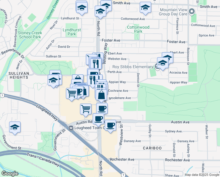map of restaurants, bars, coffee shops, grocery stores, and more near 519 Cochrane Avenue in Coquitlam
