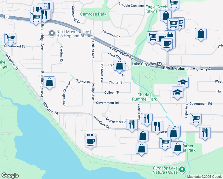 map of restaurants, bars, coffee shops, grocery stores, and more near 7475 Colleen Street in Burnaby