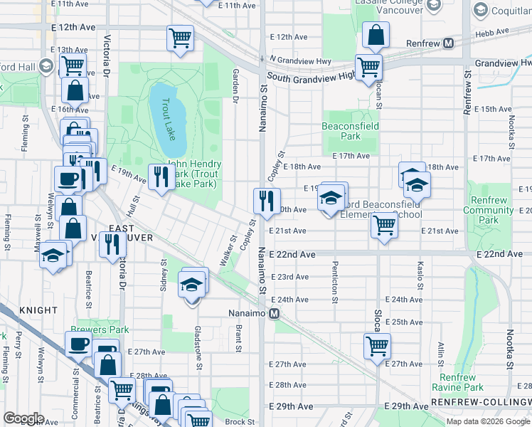 map of restaurants, bars, coffee shops, grocery stores, and more near 3676 Nanaimo Street in Vancouver