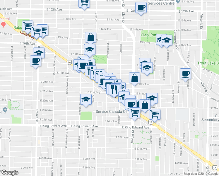 map of restaurants, bars, coffee shops, grocery stores, and more near in Vancouver