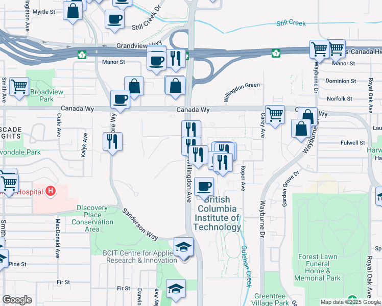 map of restaurants, bars, coffee shops, grocery stores, and more near Willingdon Urban Trail in Burnaby