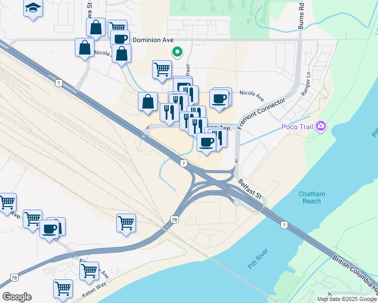 map of restaurants, bars, coffee shops, grocery stores, and more near 850 Village Drive in Port Coquitlam