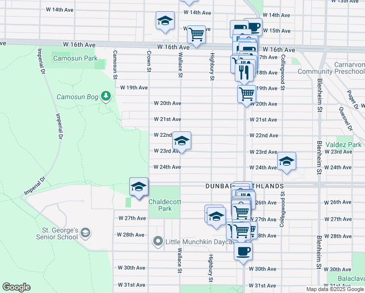 map of restaurants, bars, coffee shops, grocery stores, and more near 3895 West 23rd Avenue in Vancouver