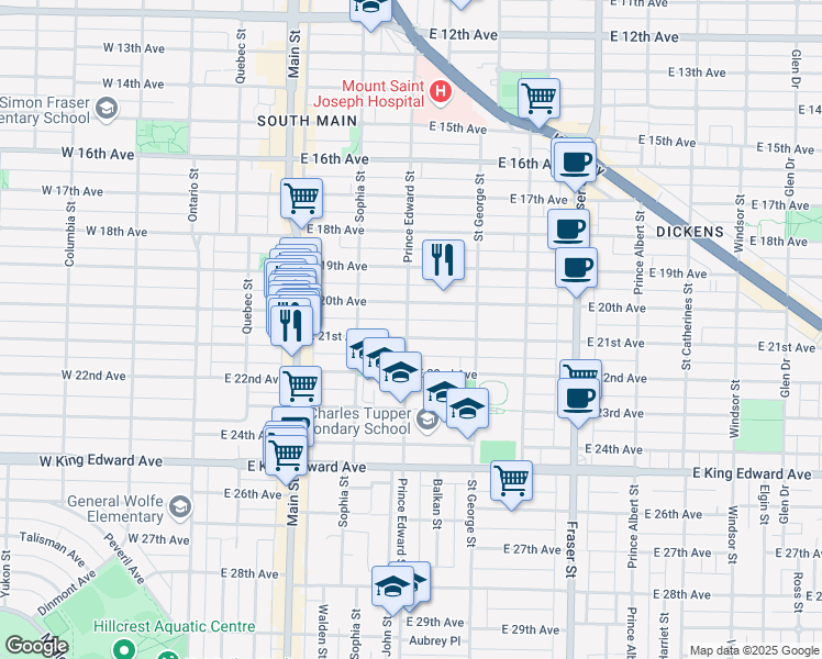 map of restaurants, bars, coffee shops, grocery stores, and more near 401 East 21st Avenue in Vancouver