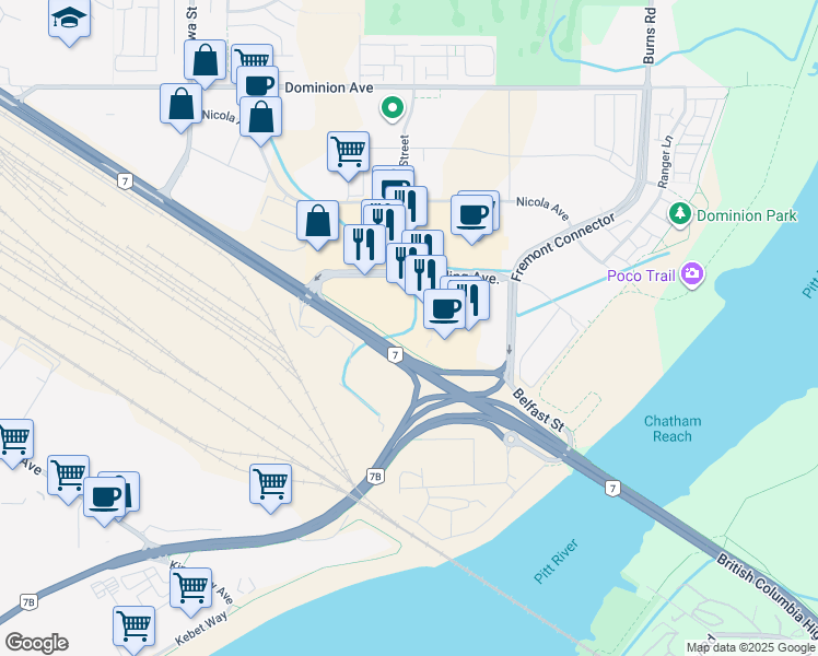 map of restaurants, bars, coffee shops, grocery stores, and more near 850 Village Drive in Port Coquitlam