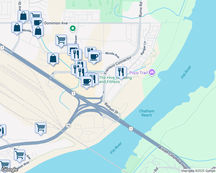 map of restaurants, bars, coffee shops, grocery stores, and more near 570 Sherling Place in Port Coquitlam