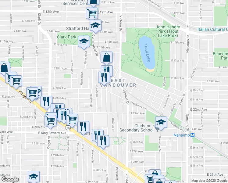 map of restaurants, bars, coffee shops, grocery stores, and more near 1871 Stainsbury Avenue in Vancouver