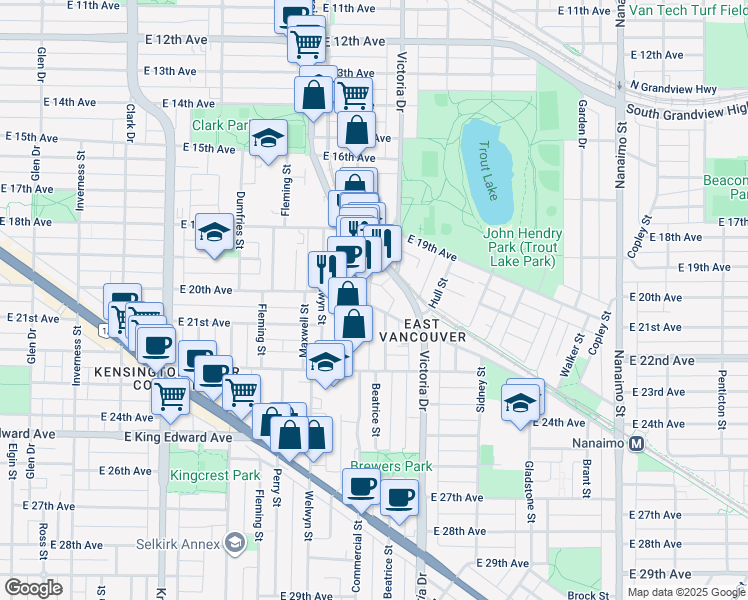 map of restaurants, bars, coffee shops, grocery stores, and more near 1863 Stainsbury Avenue in Vancouver