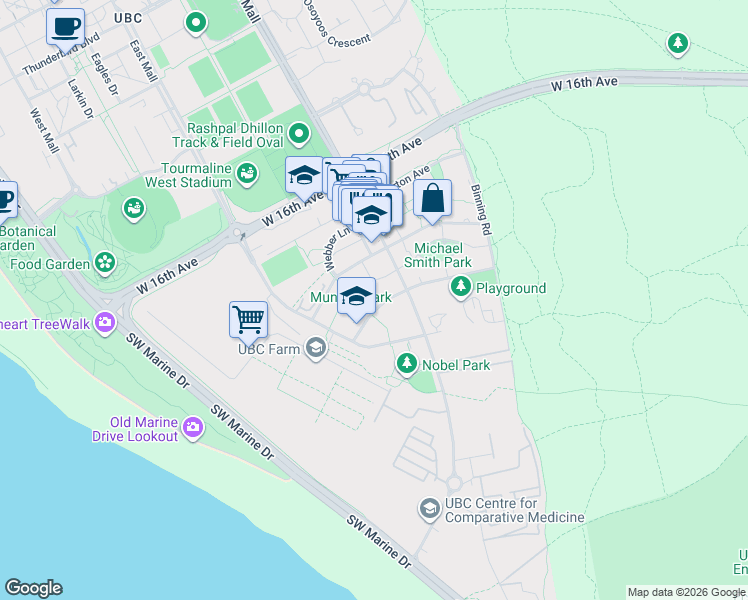 map of restaurants, bars, coffee shops, grocery stores, and more near 5983 Gray Avenue in University Endowment Lands