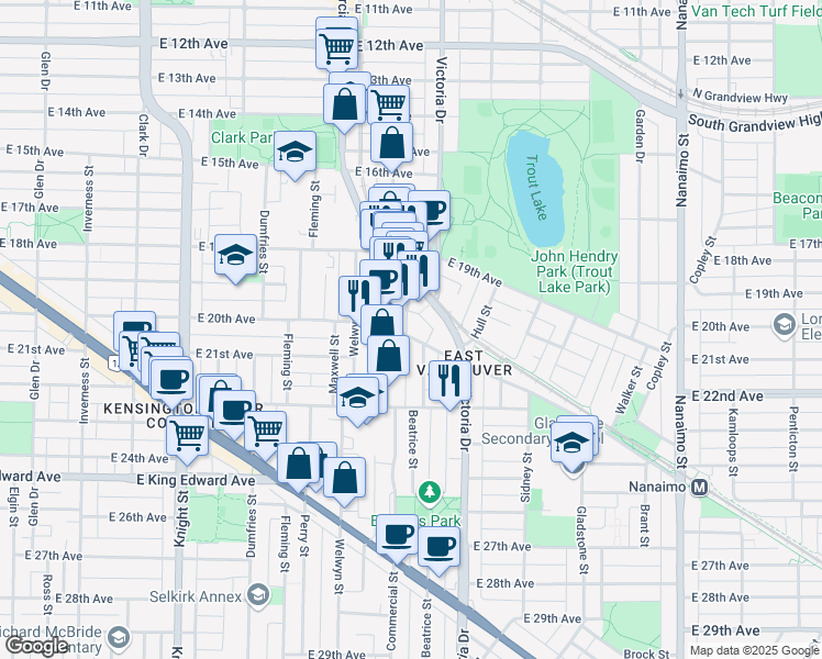 map of restaurants, bars, coffee shops, grocery stores, and more near 1855 Stainsbury Avenue in Vancouver