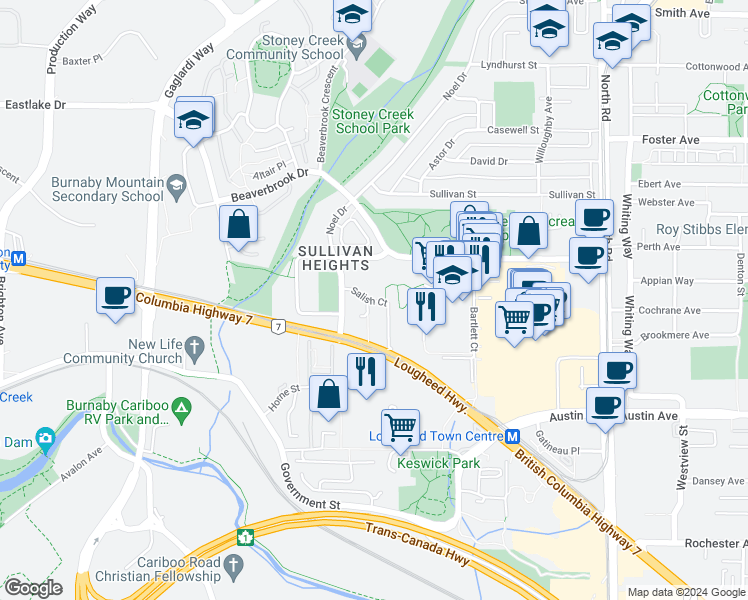 map of restaurants, bars, coffee shops, grocery stores, and more near 9303 Salish Court in Burnaby