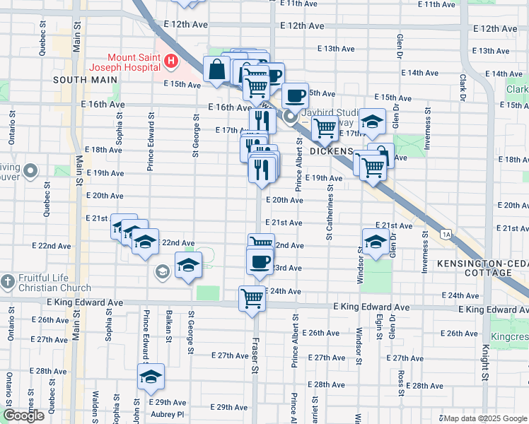 map of restaurants, bars, coffee shops, grocery stores, and more near in Vancouver
