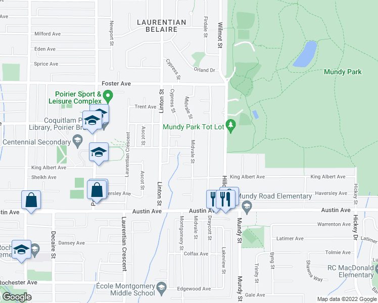 map of restaurants, bars, coffee shops, grocery stores, and more near 590 Midvale Street in Coquitlam