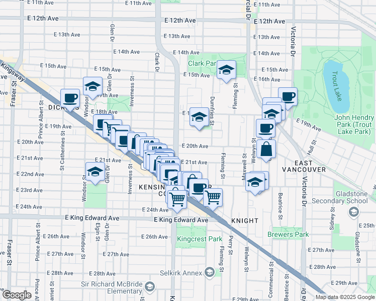 map of restaurants, bars, coffee shops, grocery stores, and more near 1432 East 20th Avenue in Vancouver