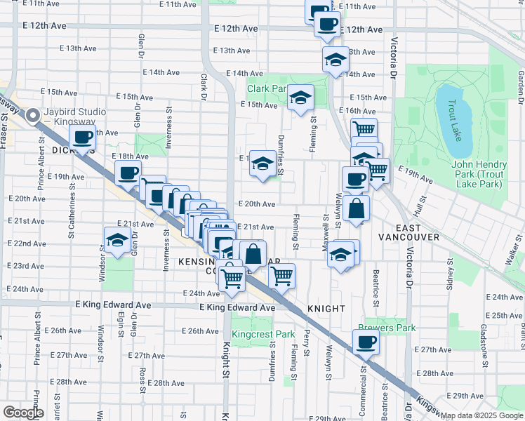 map of restaurants, bars, coffee shops, grocery stores, and more near 1468 East 20th Avenue in Vancouver
