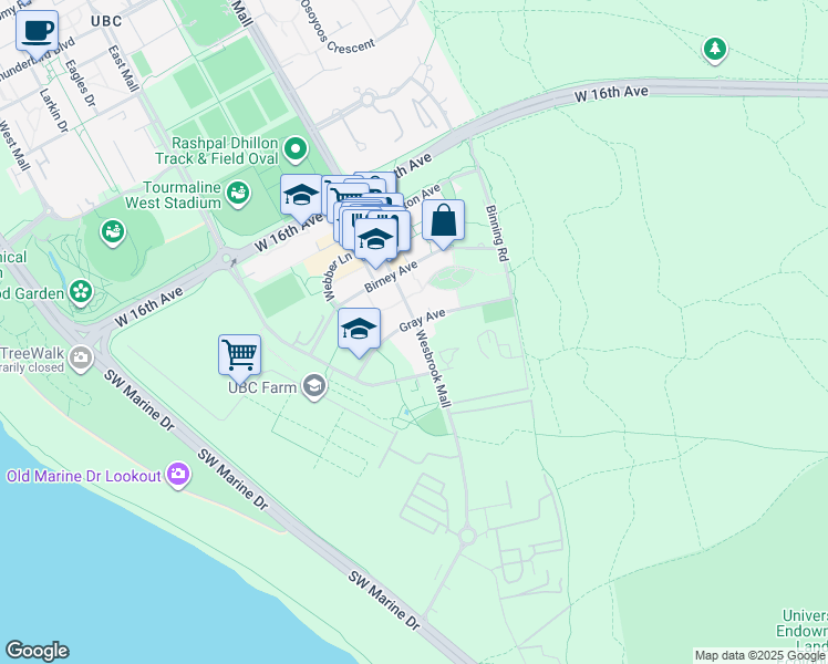 map of restaurants, bars, coffee shops, grocery stores, and more near 3479 Wesbrook Mall in Vancouver