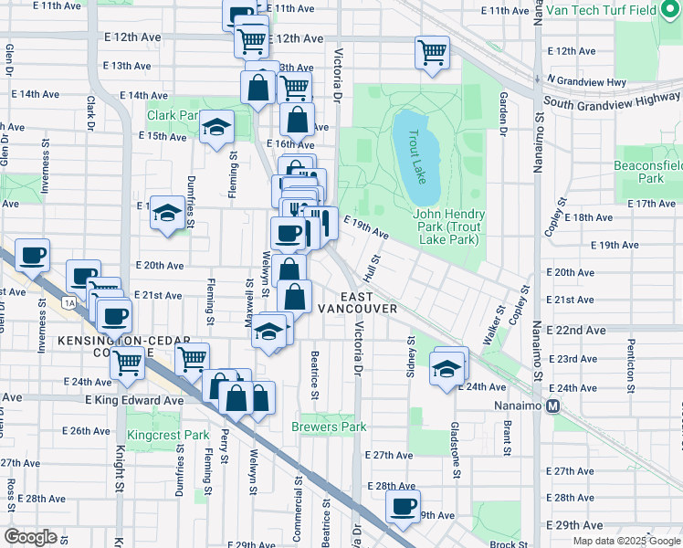 map of restaurants, bars, coffee shops, grocery stores, and more near 3655 Victoria Drive in Vancouver