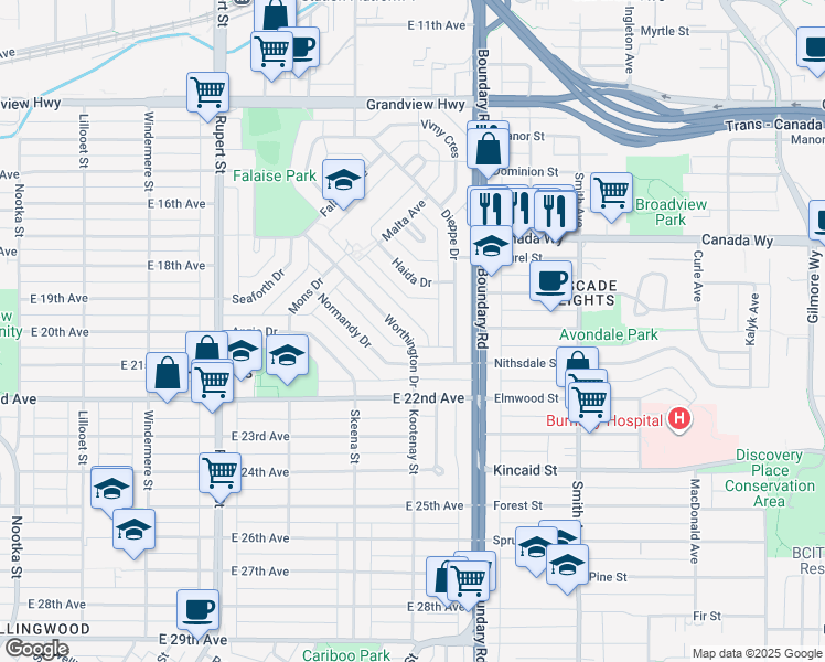 map of restaurants, bars, coffee shops, grocery stores, and more near 3559 Worthington Drive in Vancouver