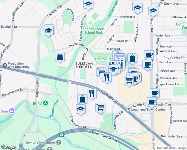 map of restaurants, bars, coffee shops, grocery stores, and more near 9303 Salish Court in Burnaby