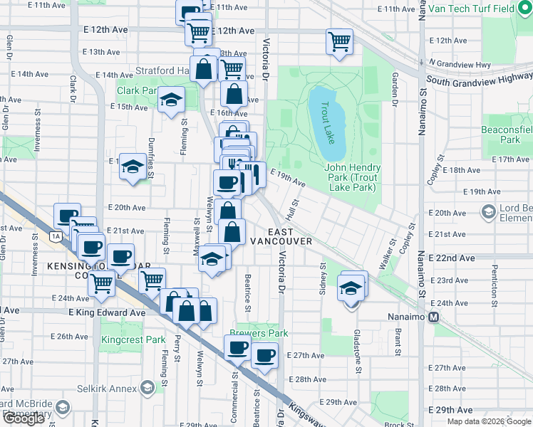 map of restaurants, bars, coffee shops, grocery stores, and more near 3655 Victoria Drive in Vancouver