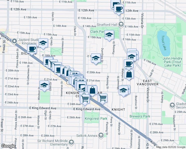 map of restaurants, bars, coffee shops, grocery stores, and more near 1452 East 20th Avenue in Vancouver