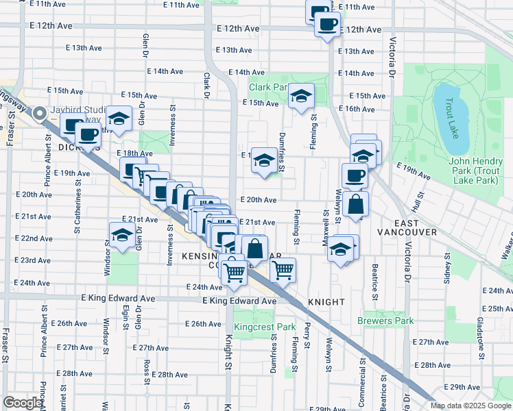 map of restaurants, bars, coffee shops, grocery stores, and more near 1452 East 20th Avenue in Vancouver