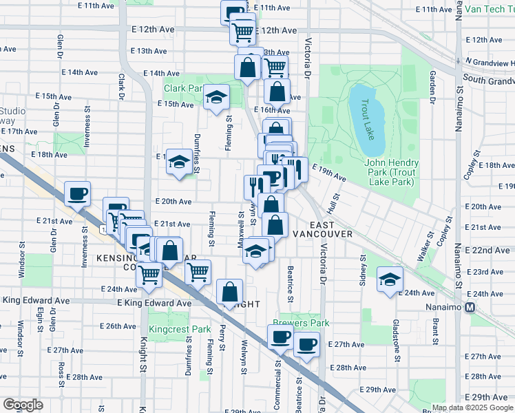 map of restaurants, bars, coffee shops, grocery stores, and more near 1712 East 20th Avenue in Vancouver
