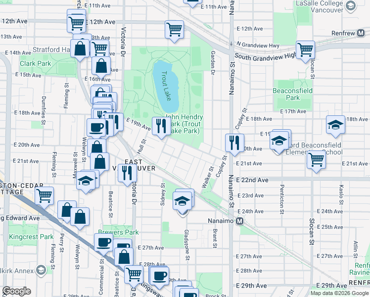 map of restaurants, bars, coffee shops, grocery stores, and more near 3526 Lakewood Drive in Vancouver
