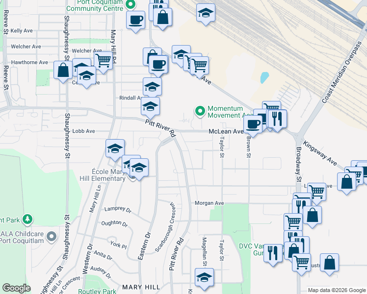 map of restaurants, bars, coffee shops, grocery stores, and more near 1955 Pitt River Road in Port Coquitlam