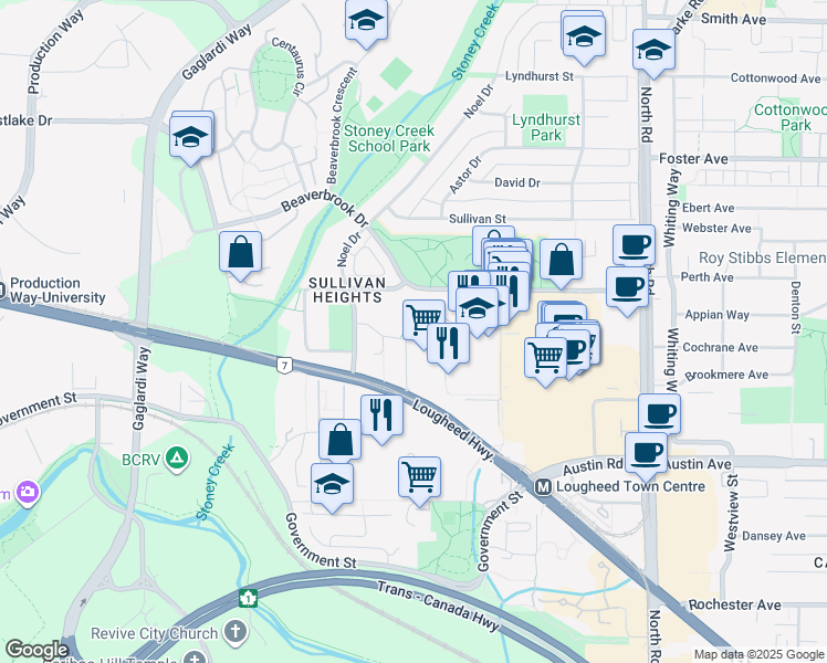 map of restaurants, bars, coffee shops, grocery stores, and more near 9303 Salish Court in Burnaby