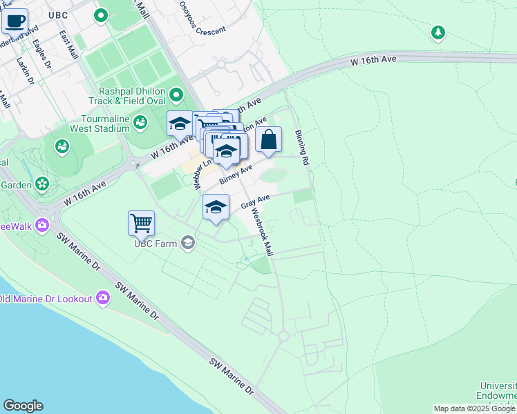 map of restaurants, bars, coffee shops, grocery stores, and more near 5898 Gray Avenue in Vancouver