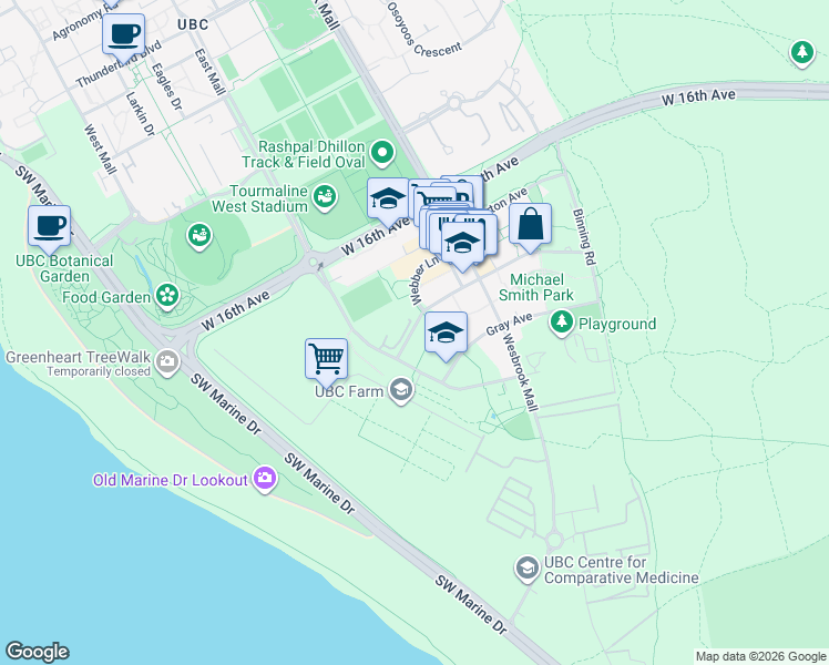 map of restaurants, bars, coffee shops, grocery stores, and more near 6138 Birney Avenue in Vancouver