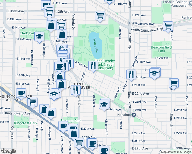 map of restaurants, bars, coffee shops, grocery stores, and more near 3530 Marshall Street in Vancouver