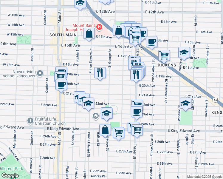 map of restaurants, bars, coffee shops, grocery stores, and more near 3636 Saint George Street in Vancouver