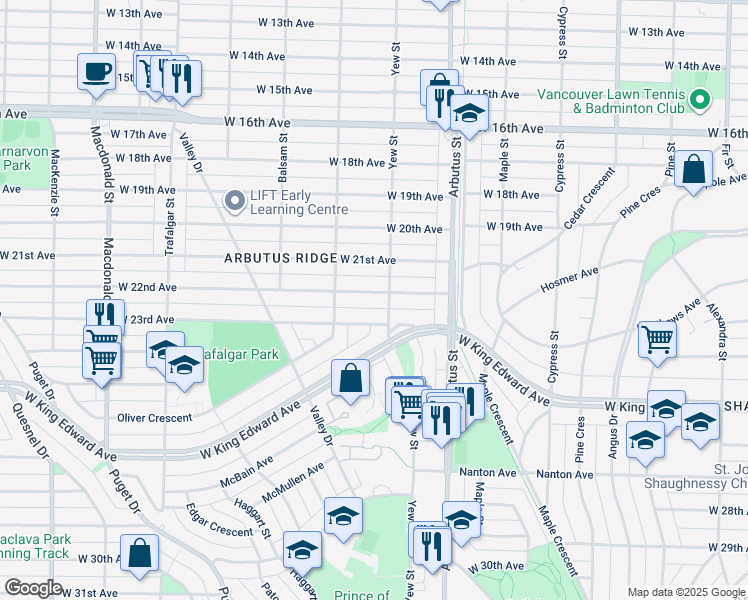 map of restaurants, bars, coffee shops, grocery stores, and more near 2228 West 22nd Avenue in Vancouver