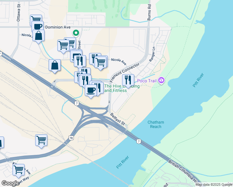 map of restaurants, bars, coffee shops, grocery stores, and more near 570 Sherling Place in Port Coquitlam