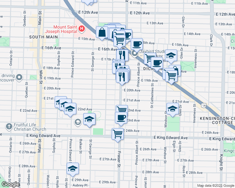 map of restaurants, bars, coffee shops, grocery stores, and more near 3617 Fraser Street in Vancouver