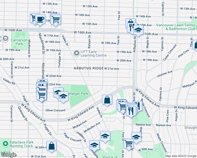 map of restaurants, bars, coffee shops, grocery stores, and more near 2328 West 22nd Avenue in Vancouver