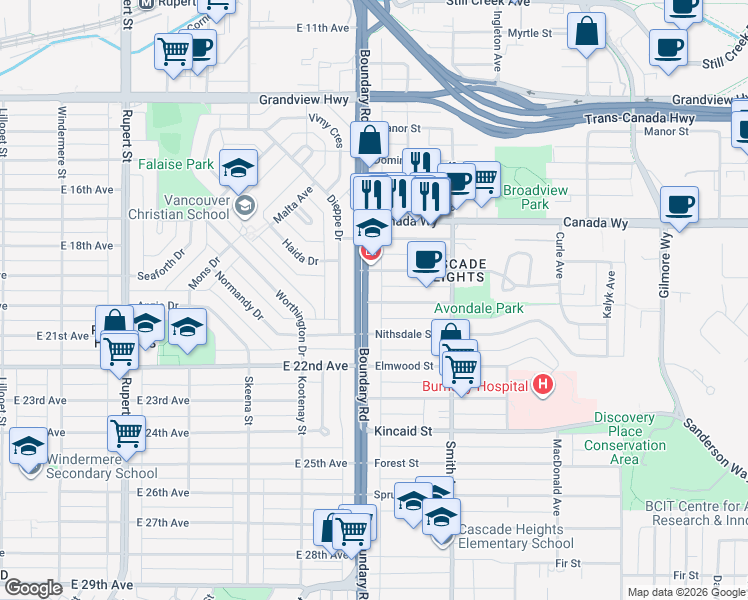 map of restaurants, bars, coffee shops, grocery stores, and more near in Burnaby