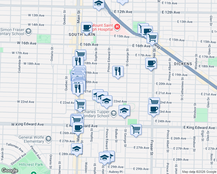 map of restaurants, bars, coffee shops, grocery stores, and more near 3638 Prince Edward Street in Vancouver