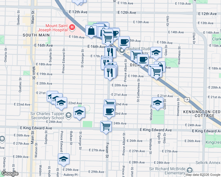 map of restaurants, bars, coffee shops, grocery stores, and more near 3624 Fraser Street in Vancouver
