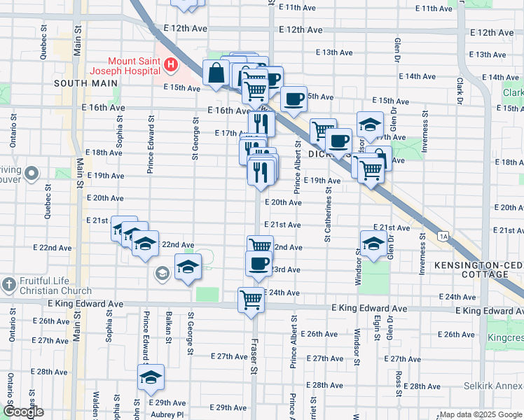 map of restaurants, bars, coffee shops, grocery stores, and more near 3624 Fraser Street in Vancouver